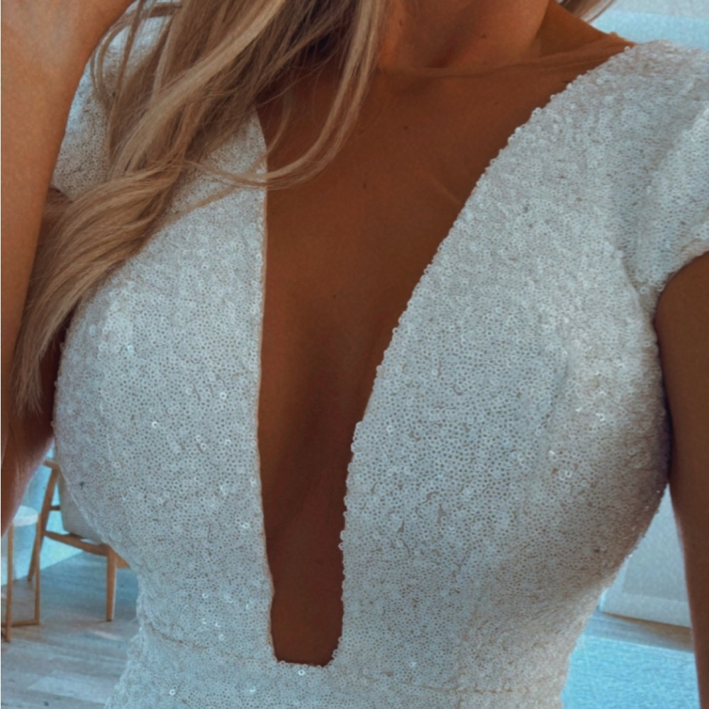 Dress the Population White Sequin Mini Cocktail Dress with Nude Mesh - Picture 2 of 8